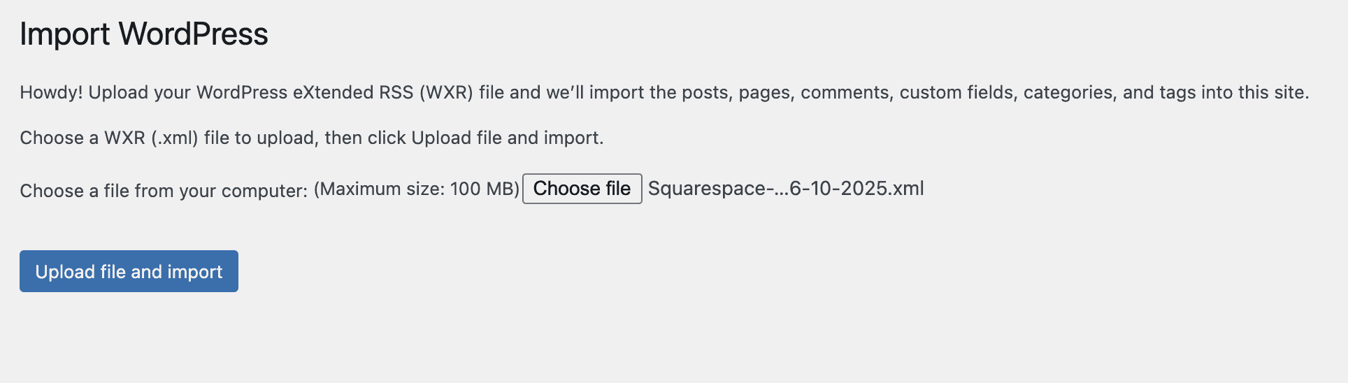 Upload file wordpress import